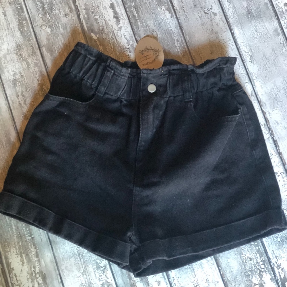 Black High Waisted Denim Paper Bag Shorts